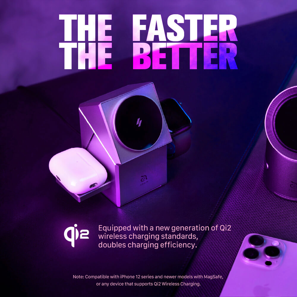 แท่นชาร์จไร้สาย ADAM elements Mag Qube Qi2 3-in-1 Intelligent Charging Station สีเทา